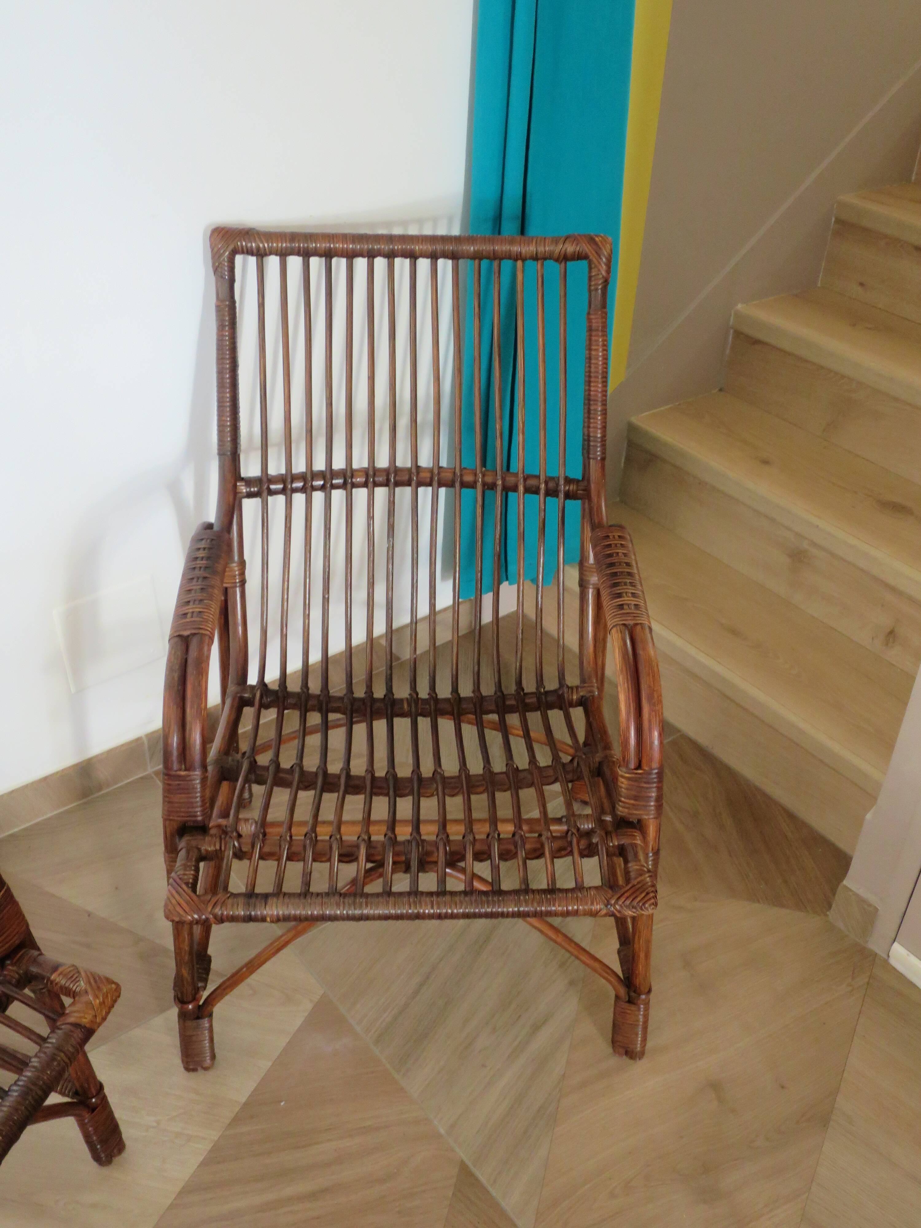 Lot de 2 Fauteuils de jardin en rotin et bambou -Vintage -Années 60 - avec coussins - vernis satin