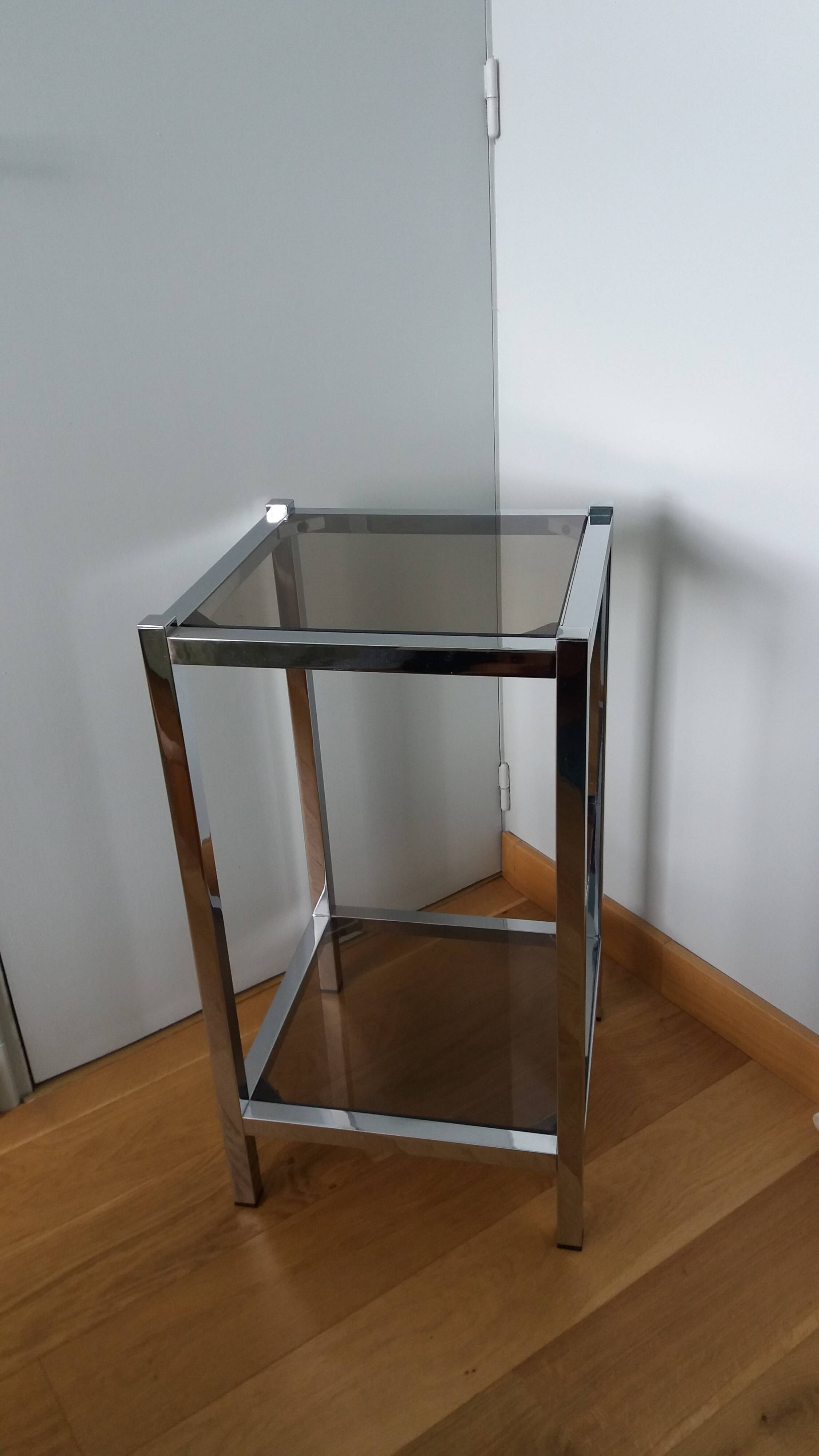 Chrome metal and smoked glass console