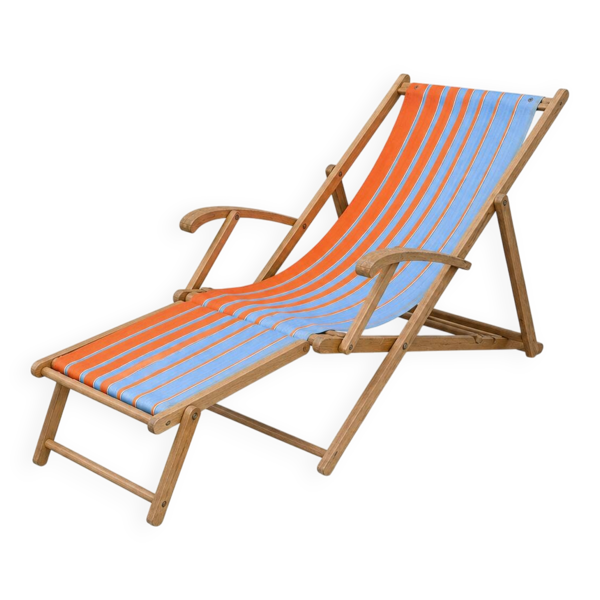 Transat chilienne ancienne toile rayée orange & bleu patine d'origine