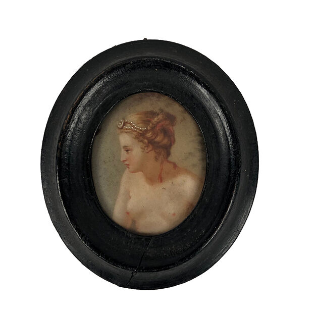 Miniature on medallion porcelain, blackened wooden frame