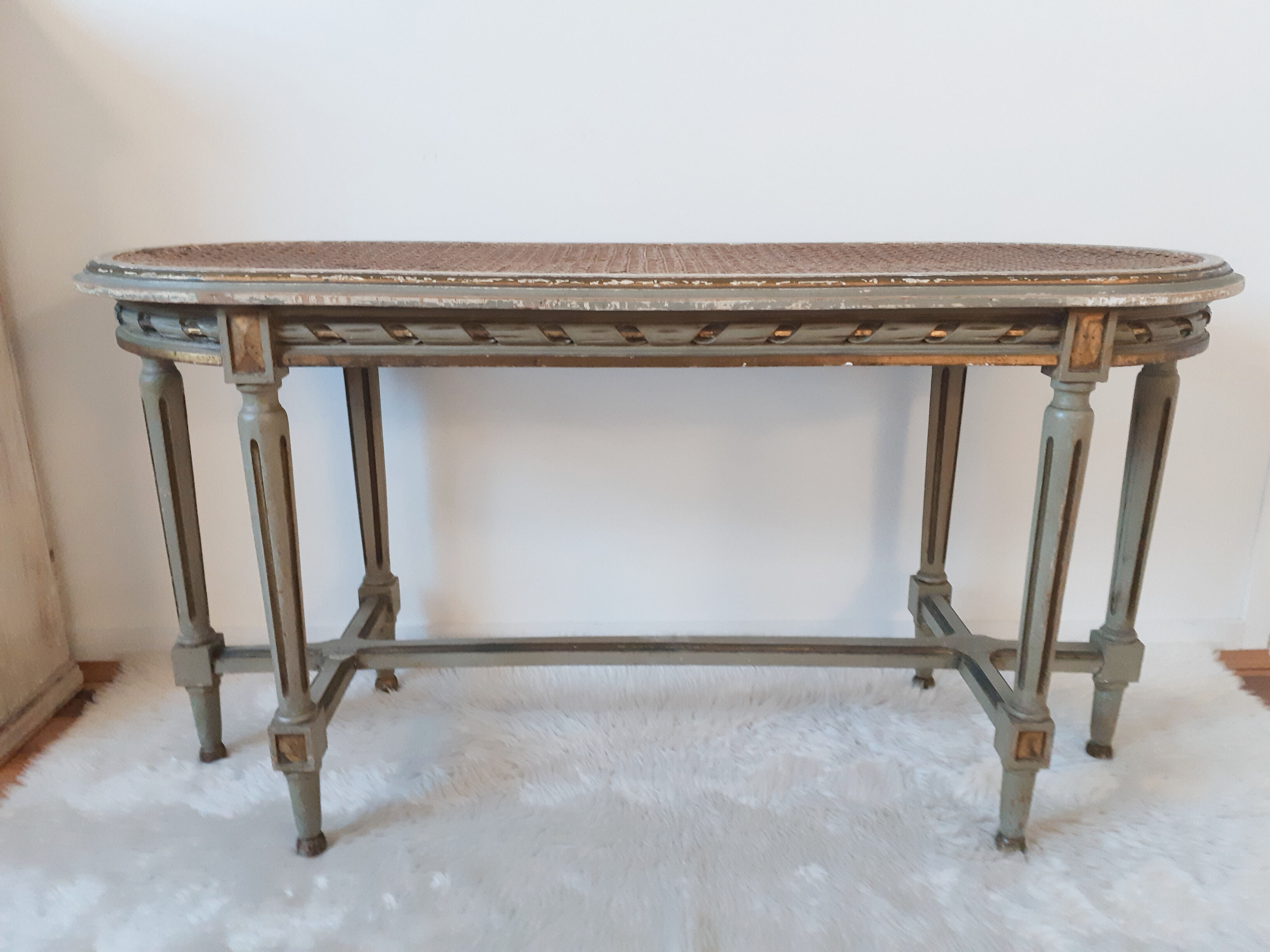 Louis XVI style piano bench green-gray and gold