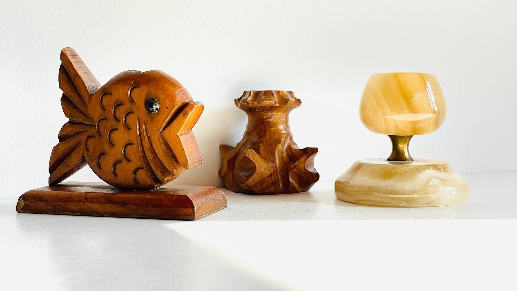 Trio of vintage wood and onyx candle holders