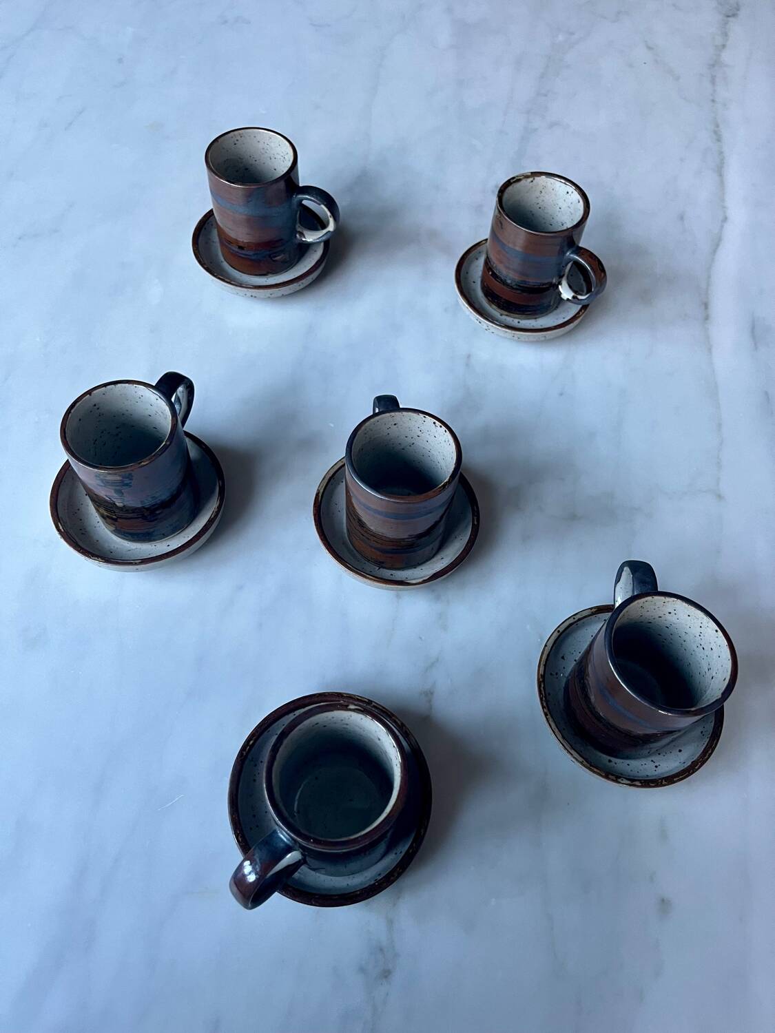 Vintage rustic stoneware coffee set – 6 cups + 6 saucers