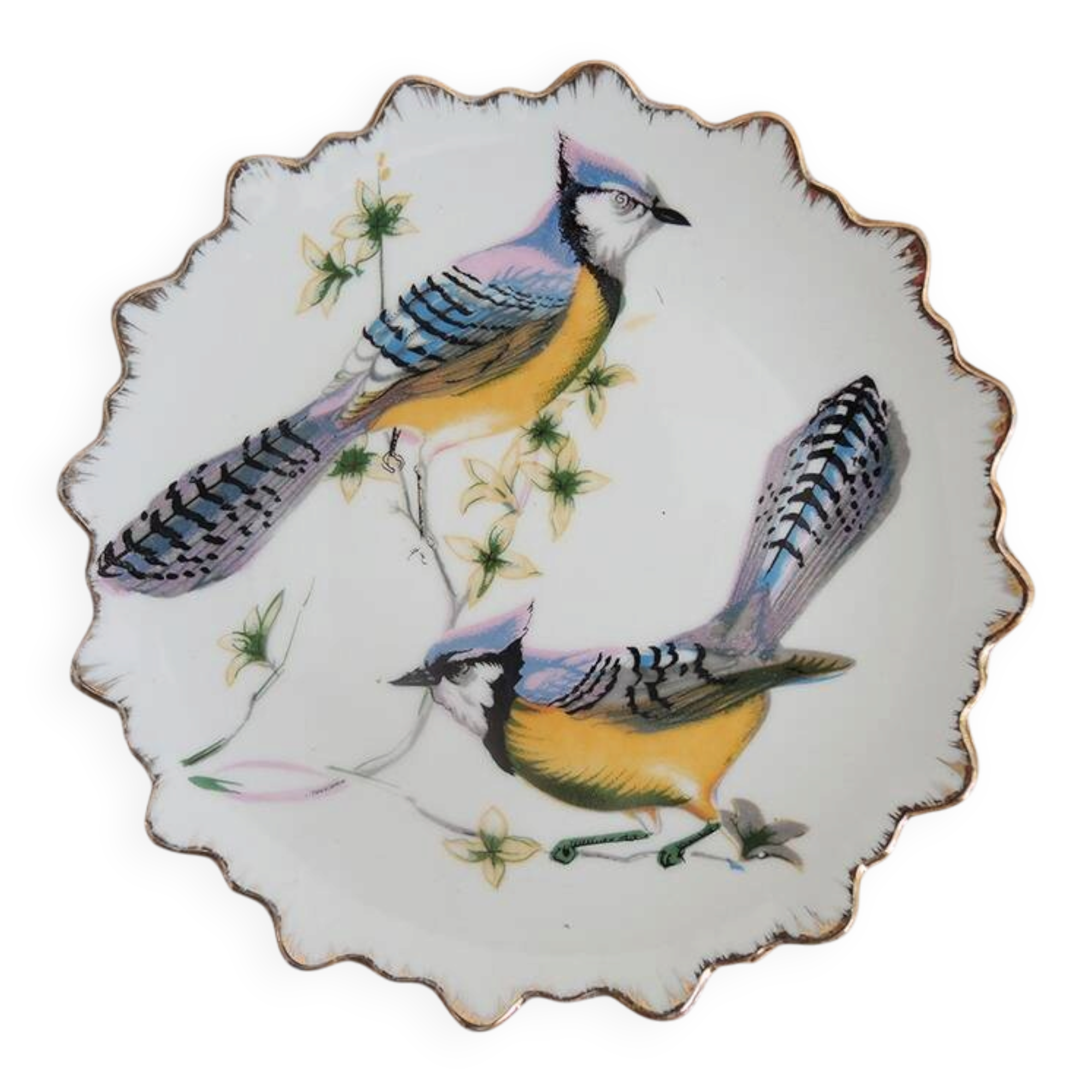 Old hand-painted ceramic plate: blue jays