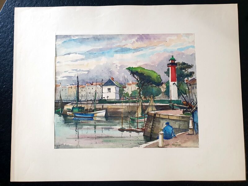André Duculty (1912-1990) Watercolor on paper "Fishing port in the Mediterranean" Signed below