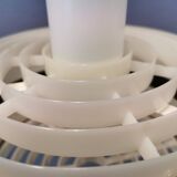 Metal hanging lamp with top and bottom grid of hard moulded plastic. Estimated 1970s.