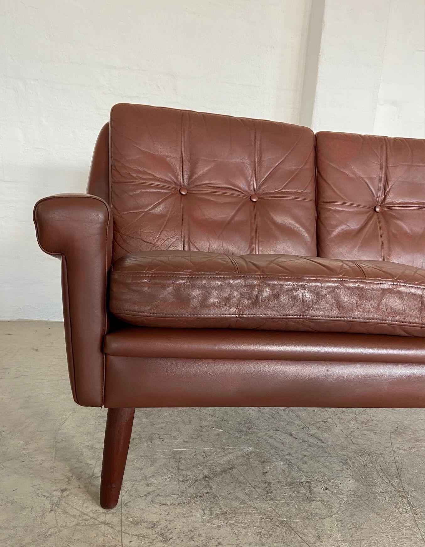 Danish mid-century Svend Skipper cognac 3 person sofa & lounge chair 1960s