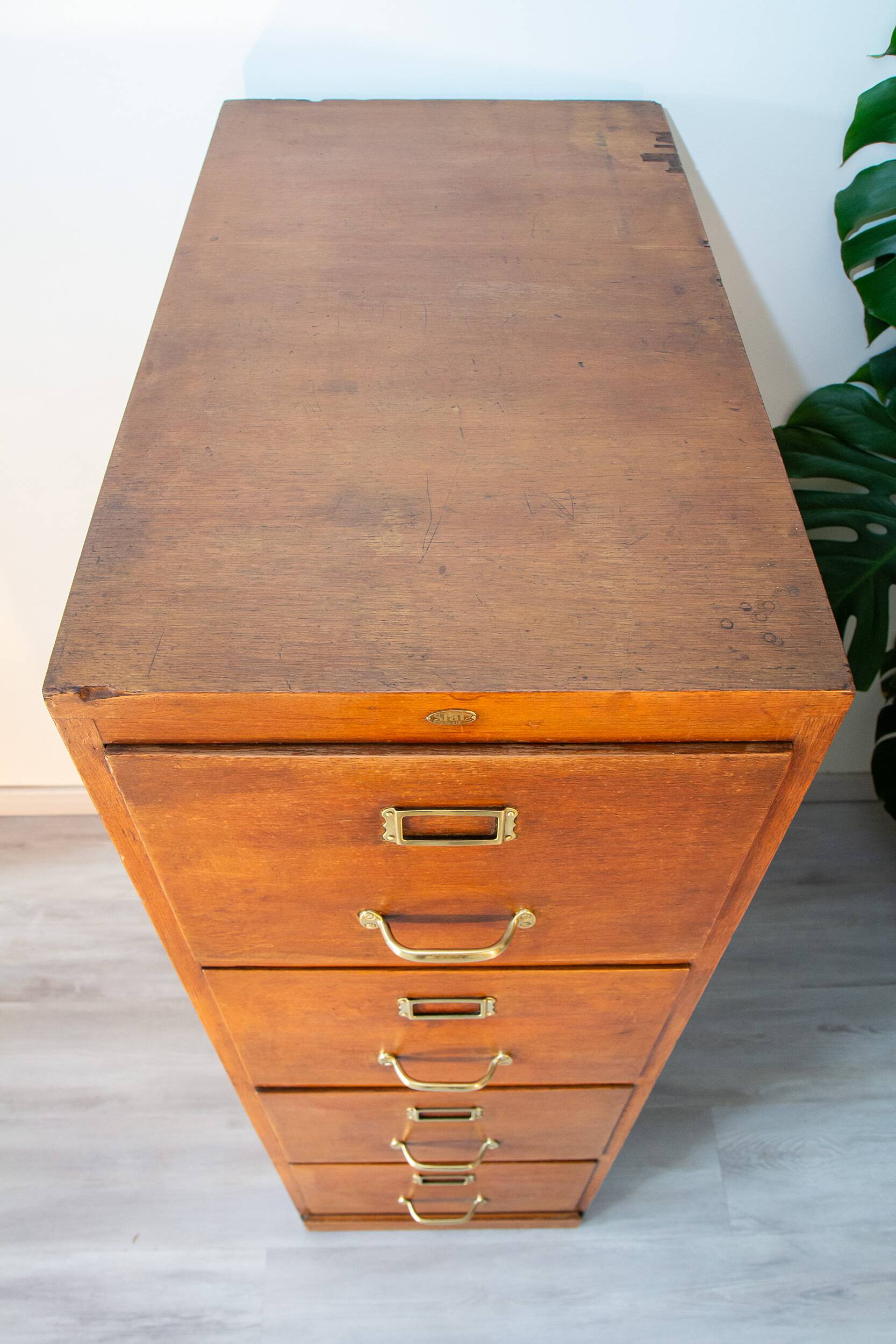 Old file cabinet, oak and brass, early 20th century