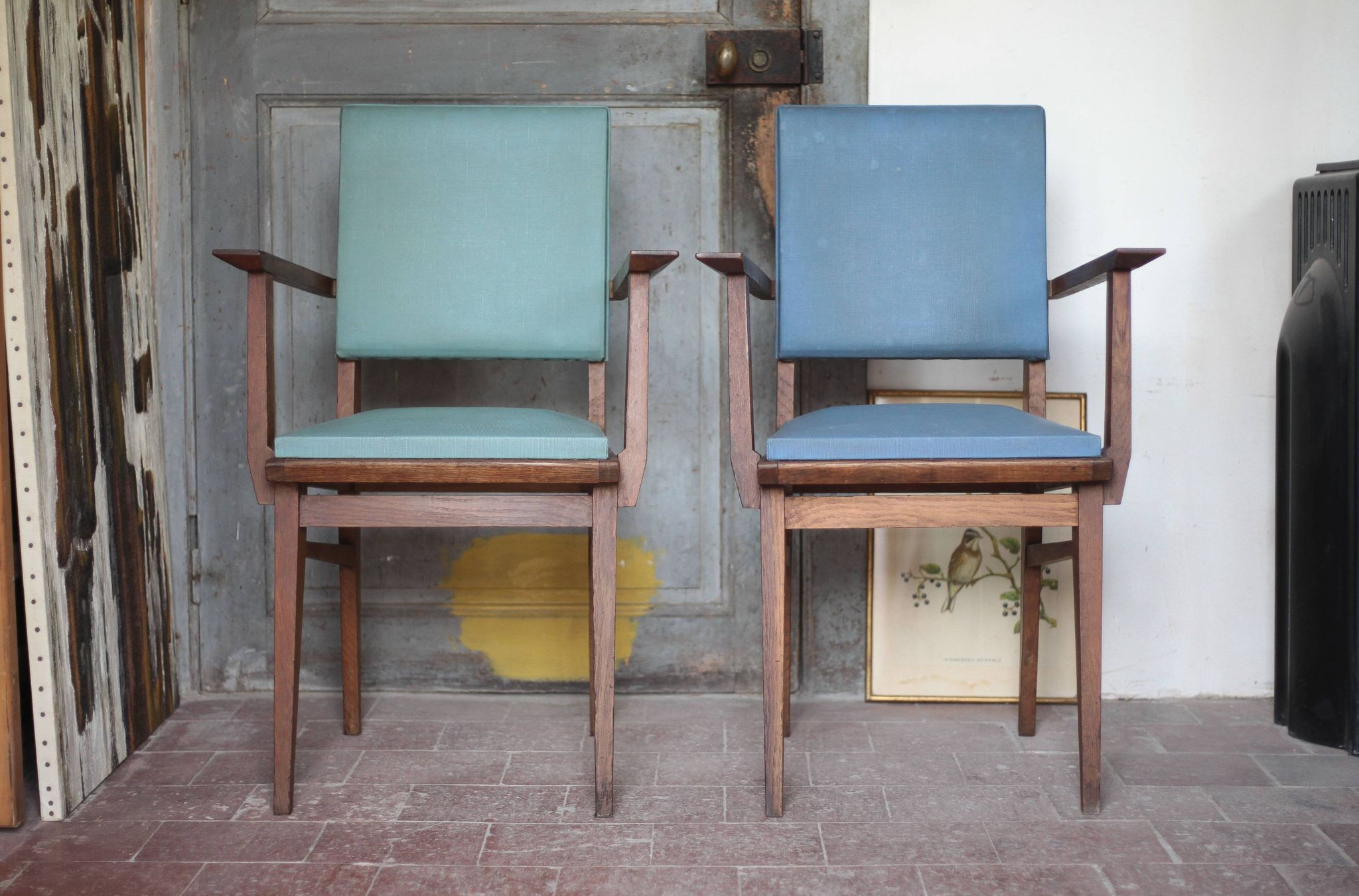 Pair of wooden bridge armchairs from the 1950s, vintage chairs.
