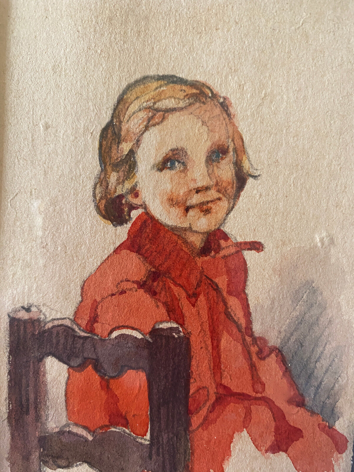 Watercolor painting "young girl" Pierrette dated 1950 and frame