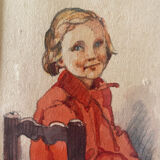 Tableau aquarelle "jeune fille" Pierrette datée de 1950 et cadre