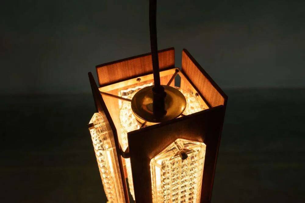 Vintage wooden and glass suspension Flygsfors Facette, glass lamp.