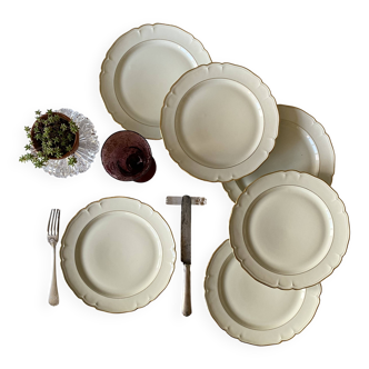 Set of 6 antique off-white porcelain dinner plates with gold trim