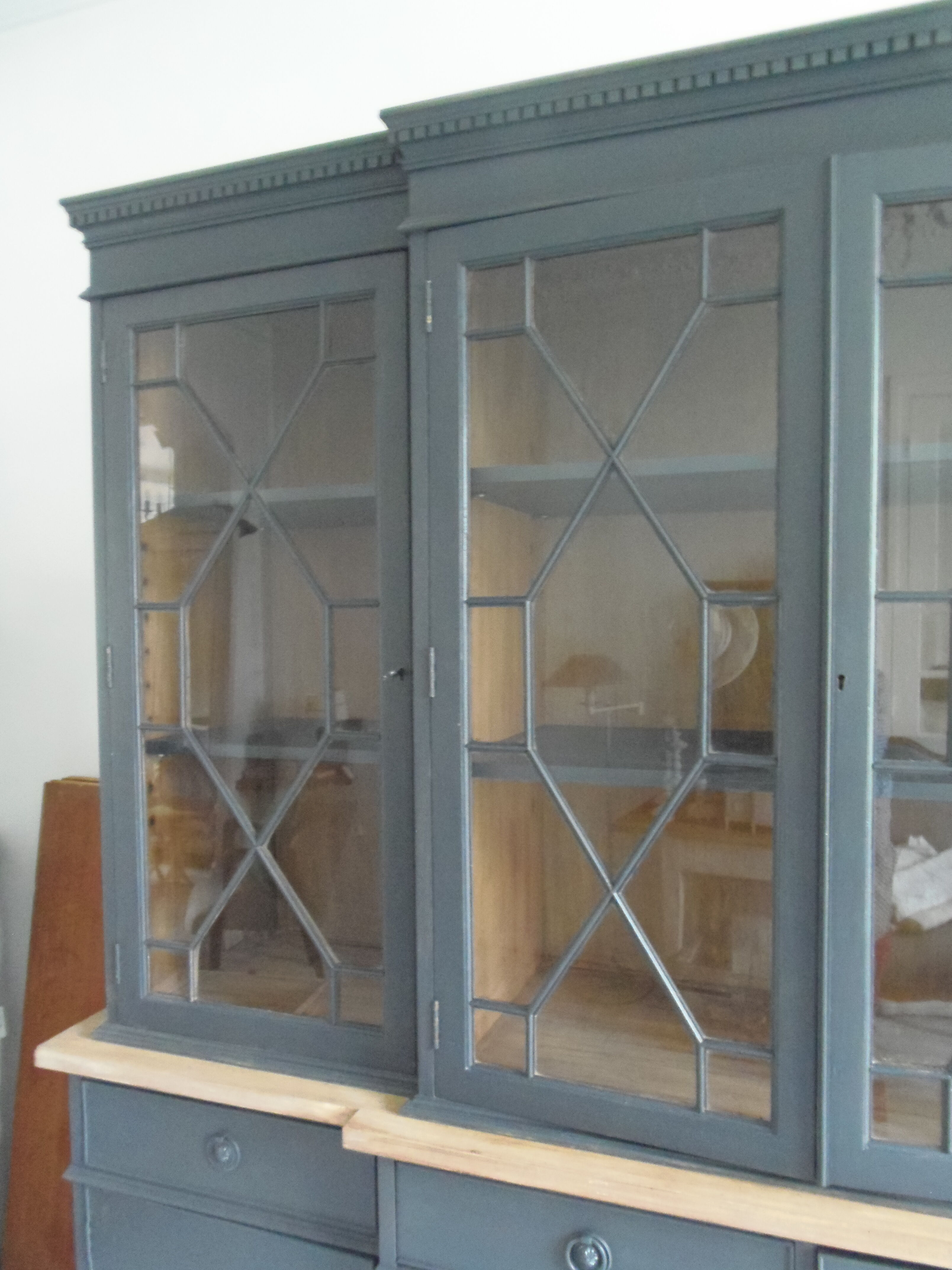 Slate grey china cabinet with wood interior