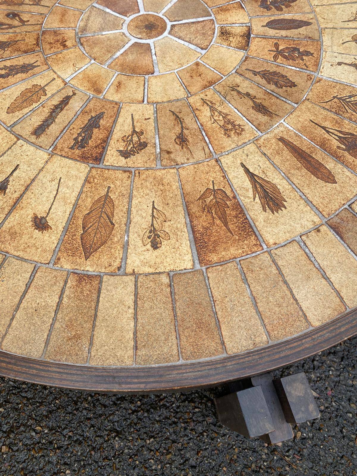 Vintage Roger Capron coffee table, ceramic and herbarium design, 105cm