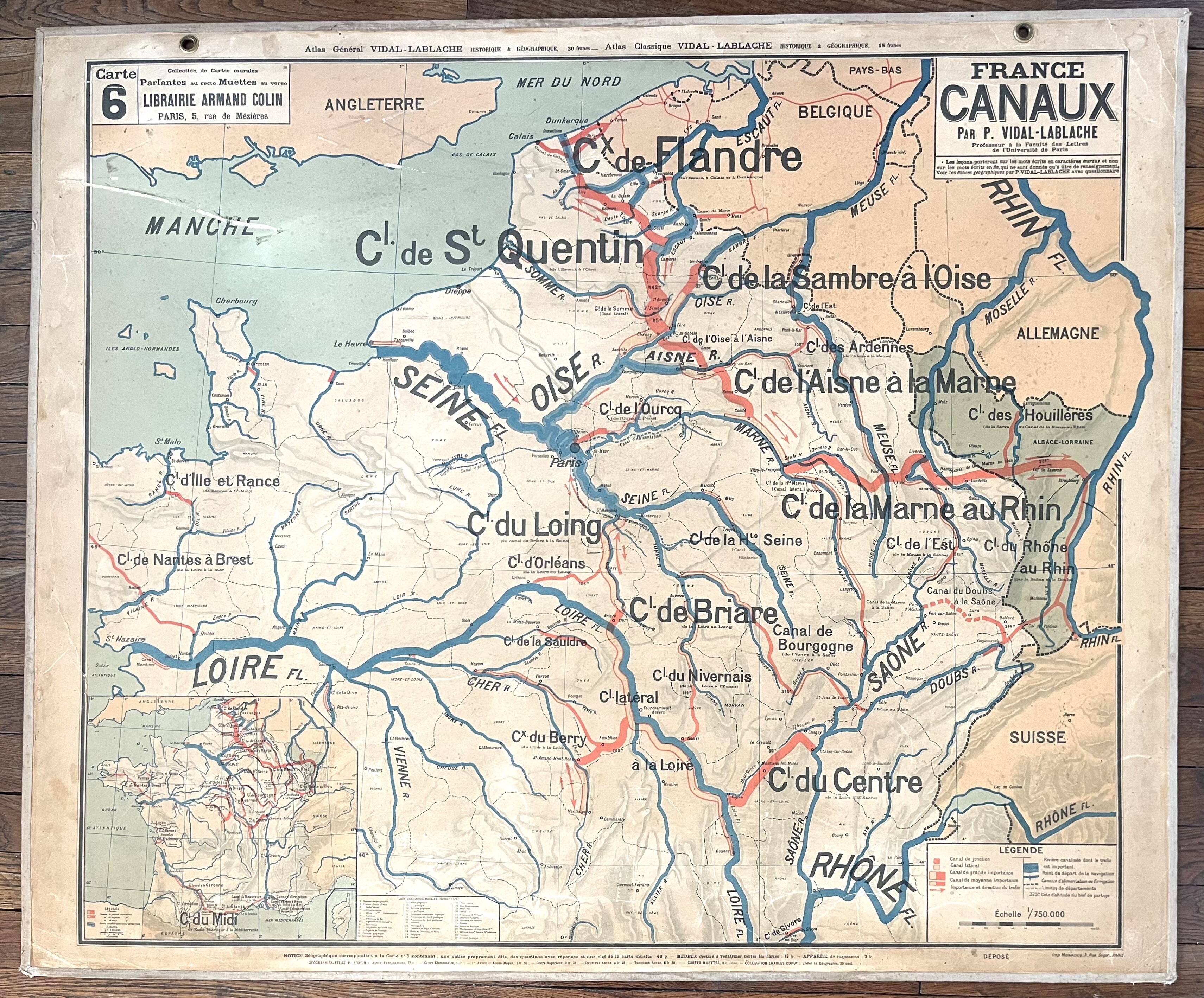 Old school map Vidal Lablache 6, Mézières, T36, 1910 France Canals