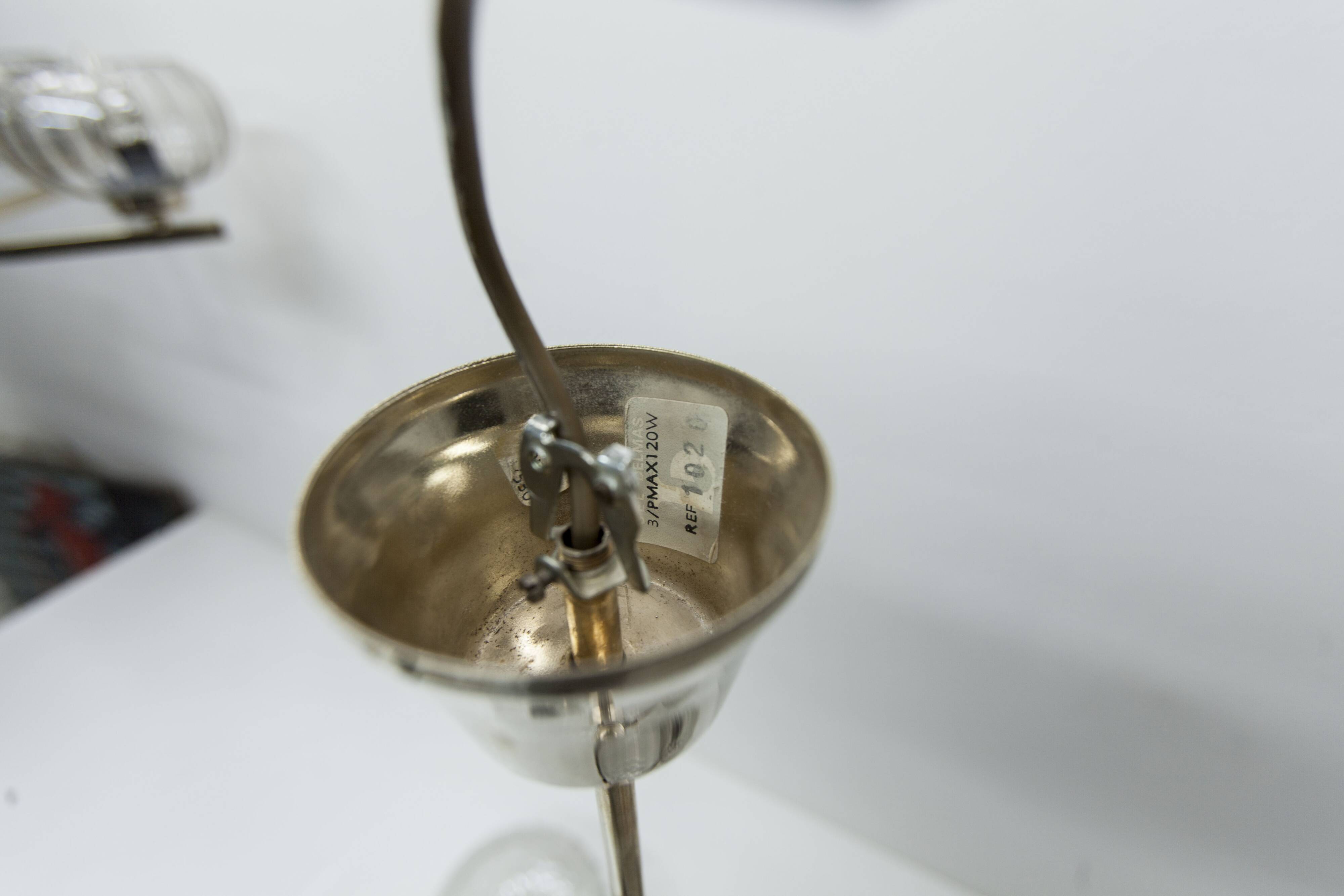 See Delmas chandelier, 3 arms, black and gold, clear glass, 1960