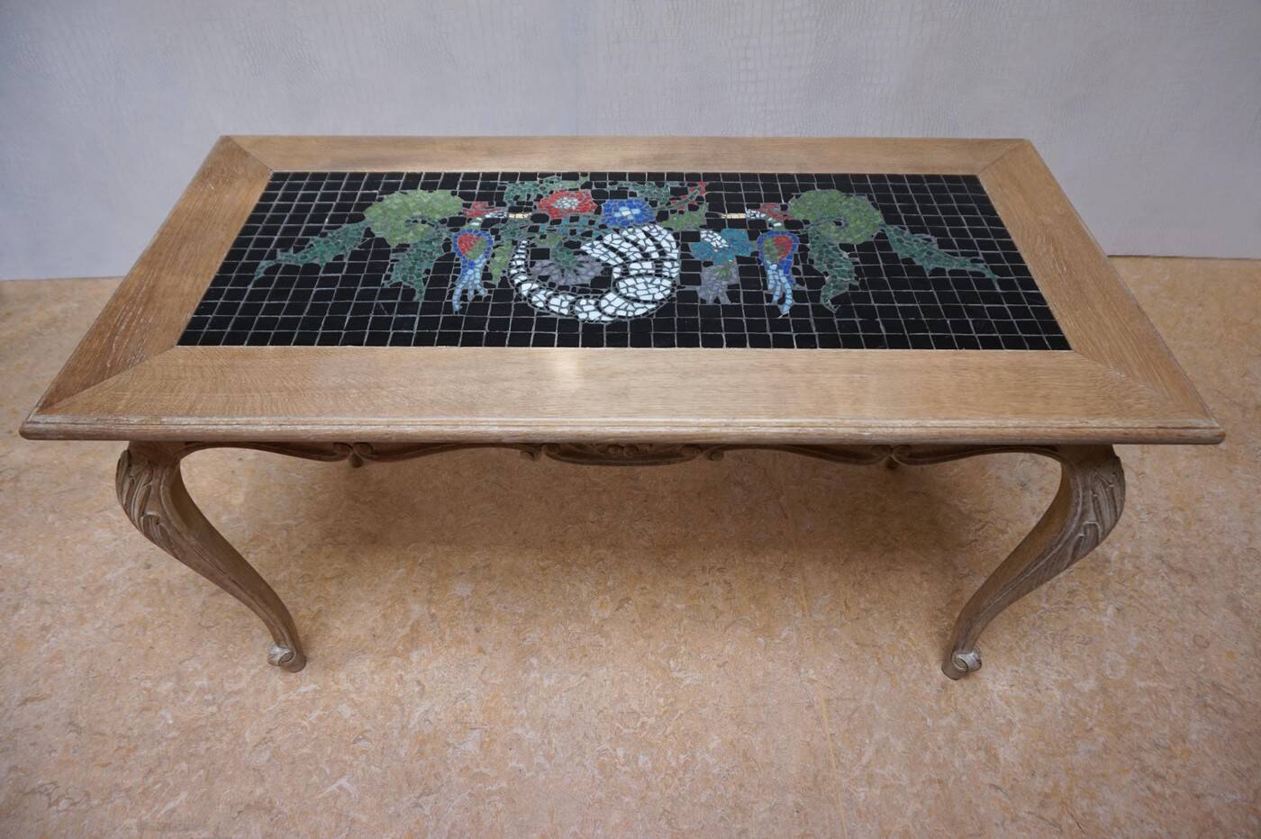 Vintage Oak &  Mosaic Coffee Table with Brids, Louis XV style 1970s