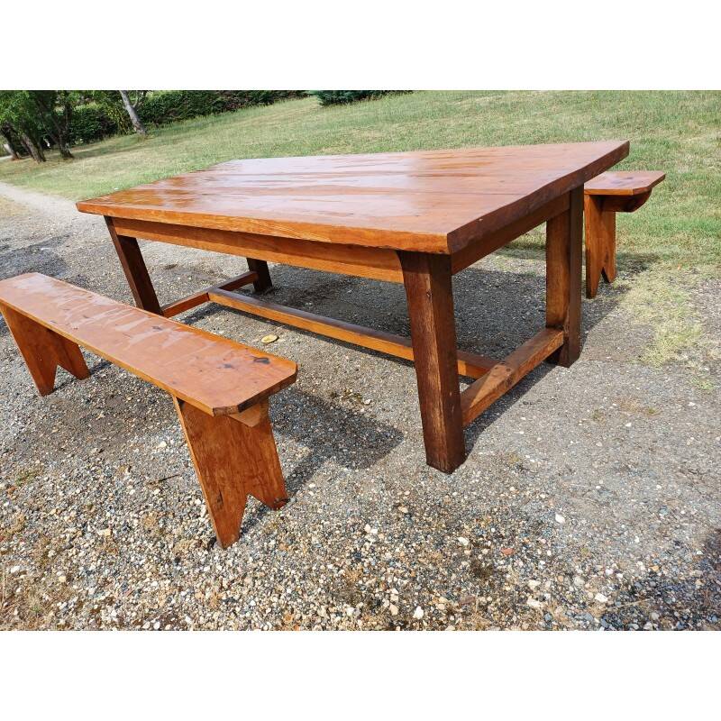 Table de ferme campagnarde en chêne et pin + 2 bancs