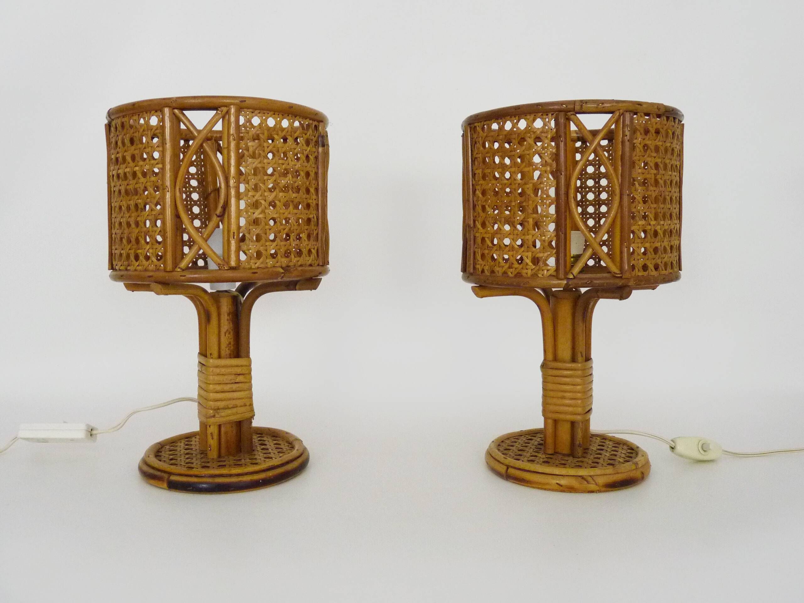 Pair of bamboo rattan cane lamps. Italy, 1950s and 1960s.