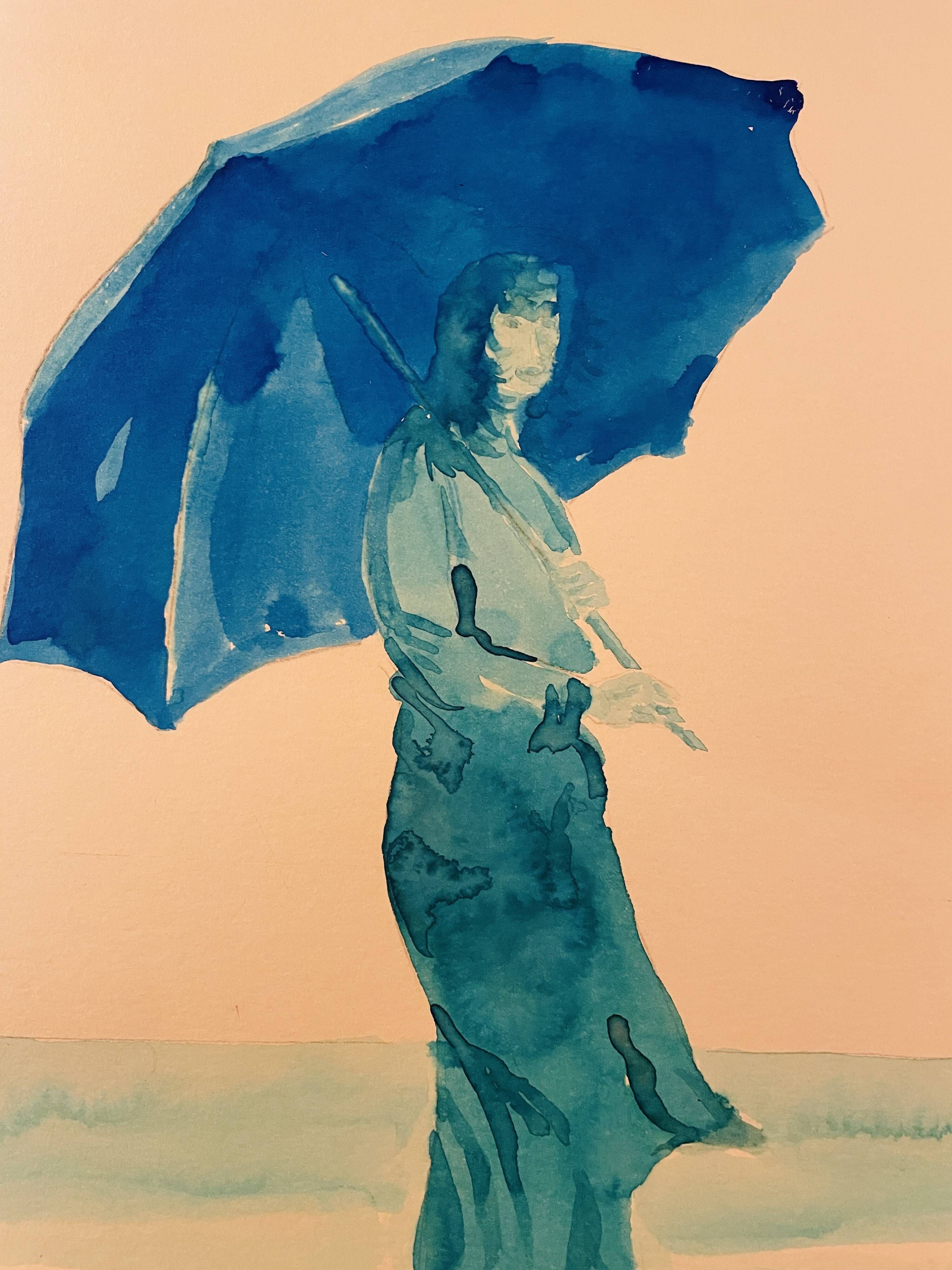 Monochrome blue painting signed female portrait "weekend in Deauville"
