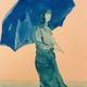 Monochrome blue painting signed female portrait "weekend in Deauville"