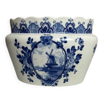 Delft, cache pot jardinière décor bateau moulin début XXème