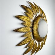 Spanish sunburst ceiling light – opaline glass & gilt iron foliage, 1960s