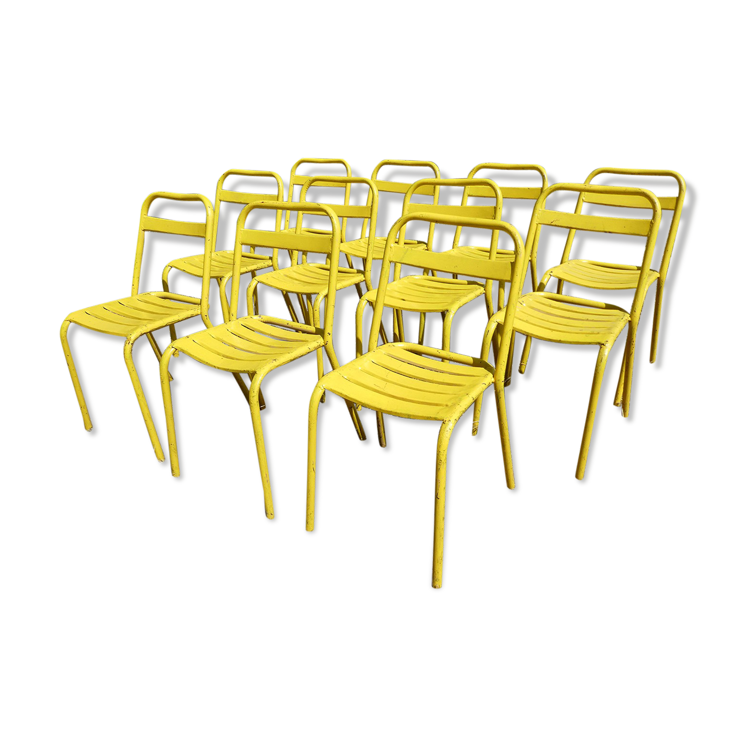 Lot of 11 yellow metallic bistro chairs from the 1950s