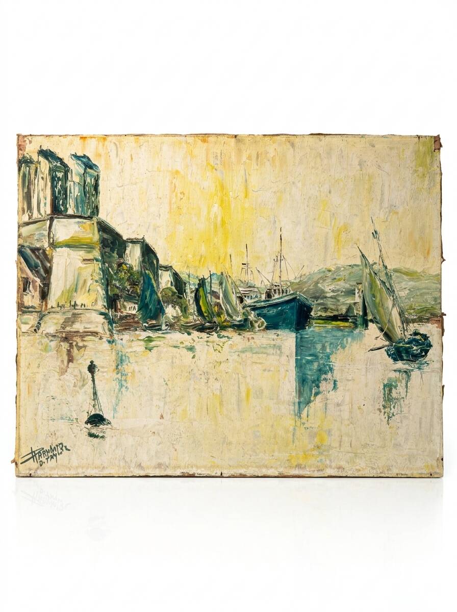 Animated view of a table with sailboats, signed.