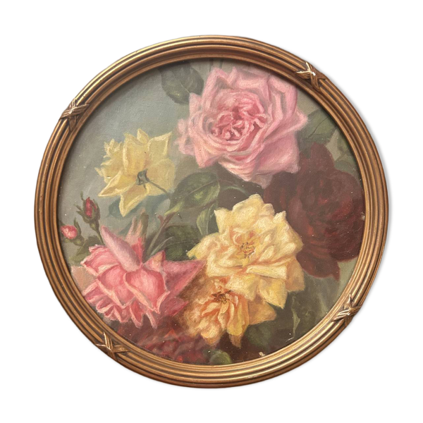 Tableau ancien bouquet de roses, époque 1900 – peinture sous verre et cadre doré Louis XVI