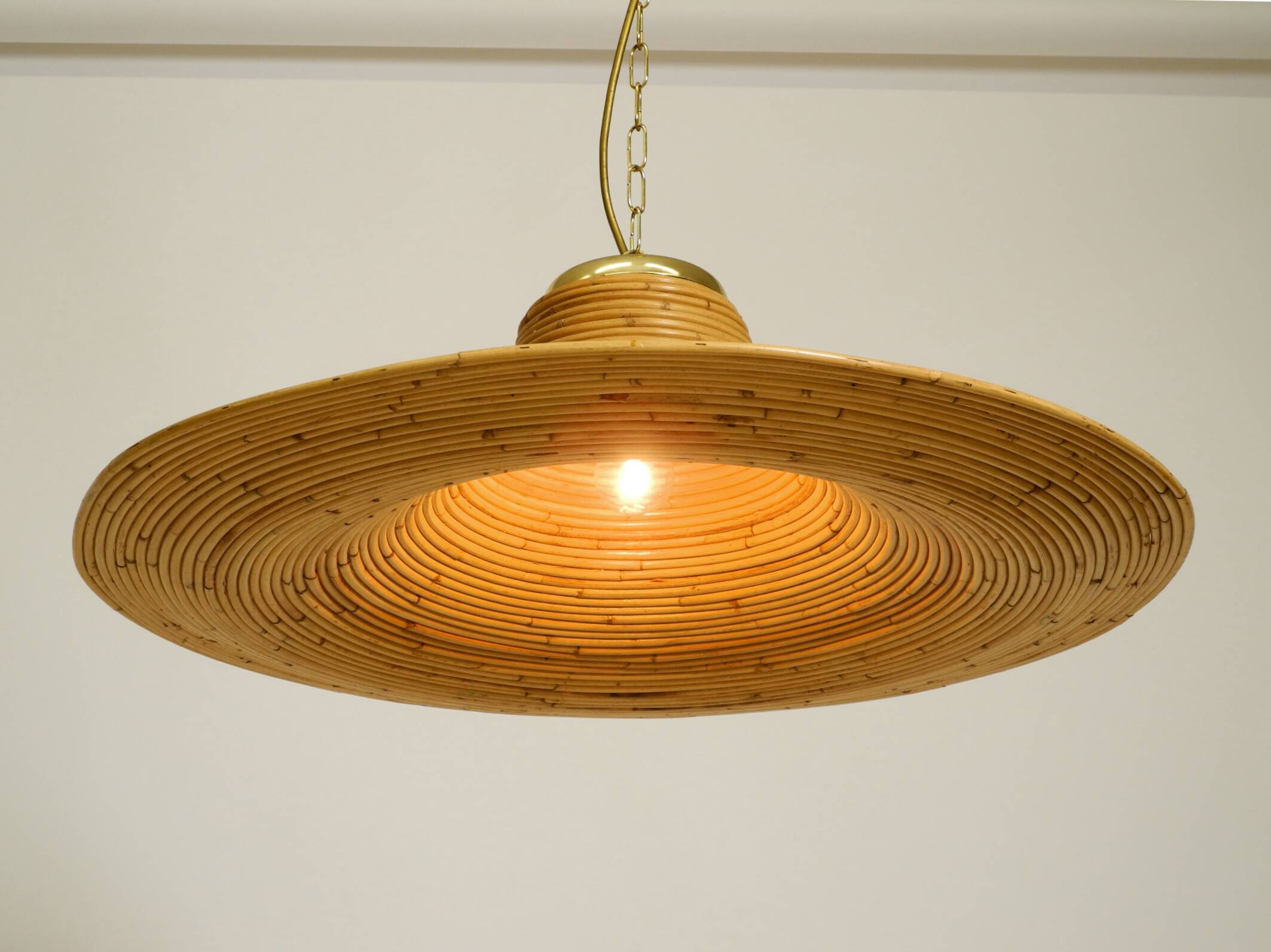 Beautiful, large Italian 1970s bright bamboo wood ceiling pendant lamp