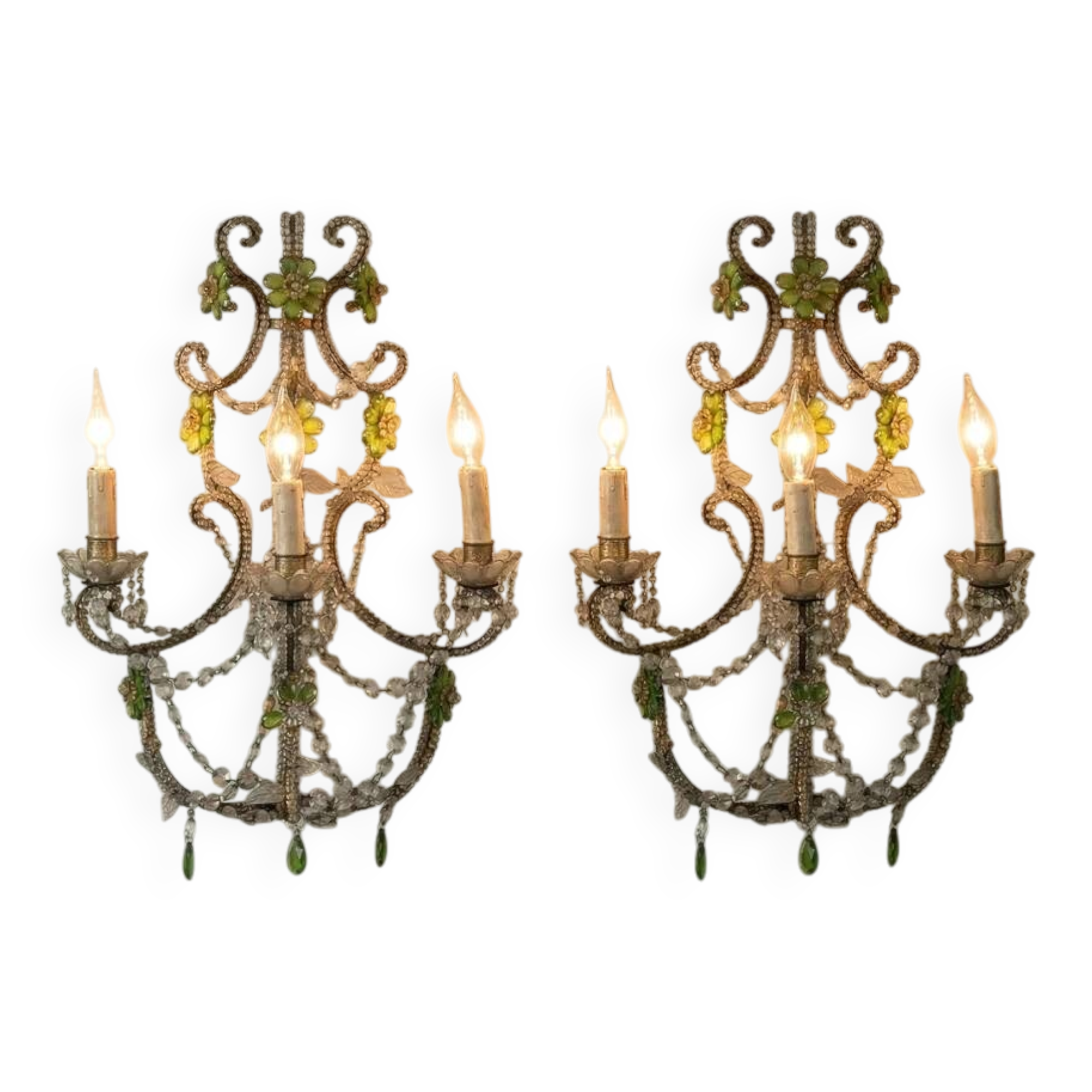 Italian crystal wall sconces with bead flowers in green (pair)