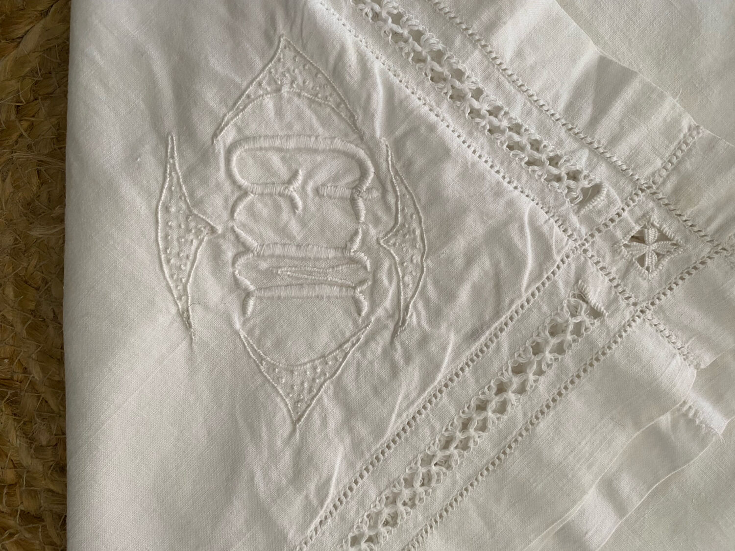 White cotton pillowcase with embroidery and monogram from the 1960s.
