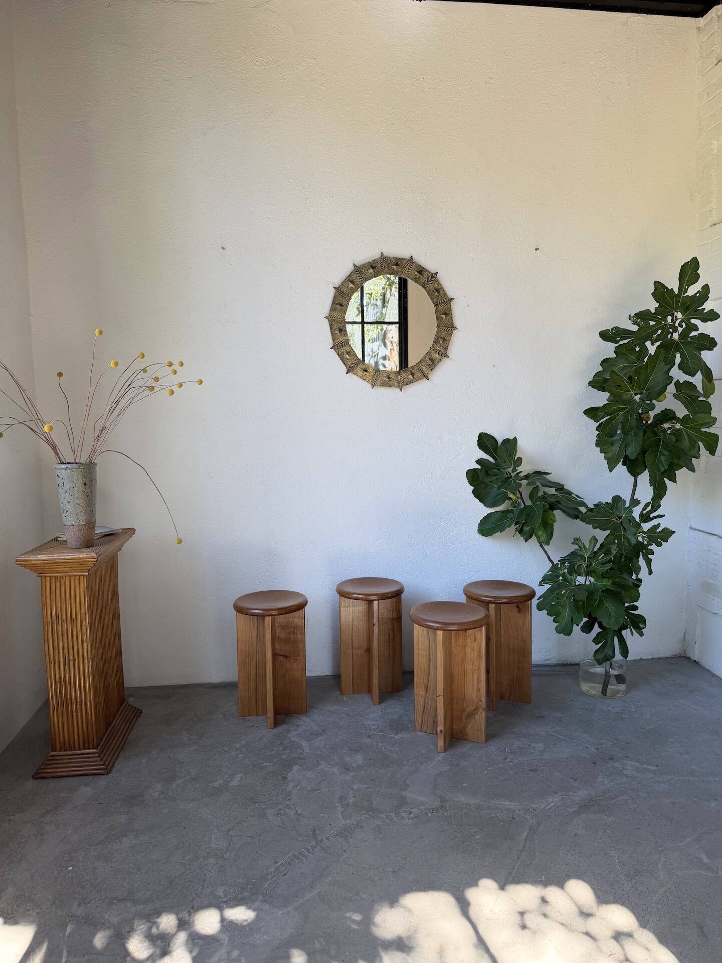 Set of 4 oak stools from the 1950s, constructivist style.