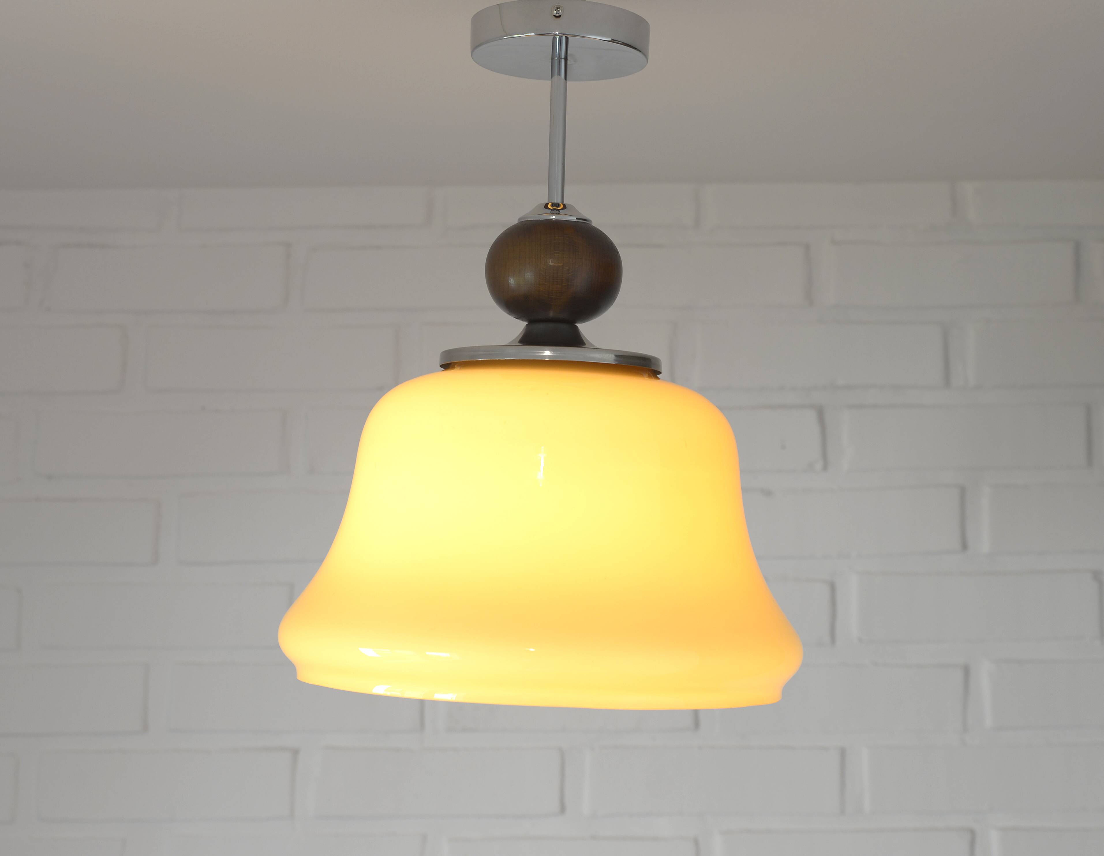 Vintage beige glass pendant lamp / semi flush mount / hanging light