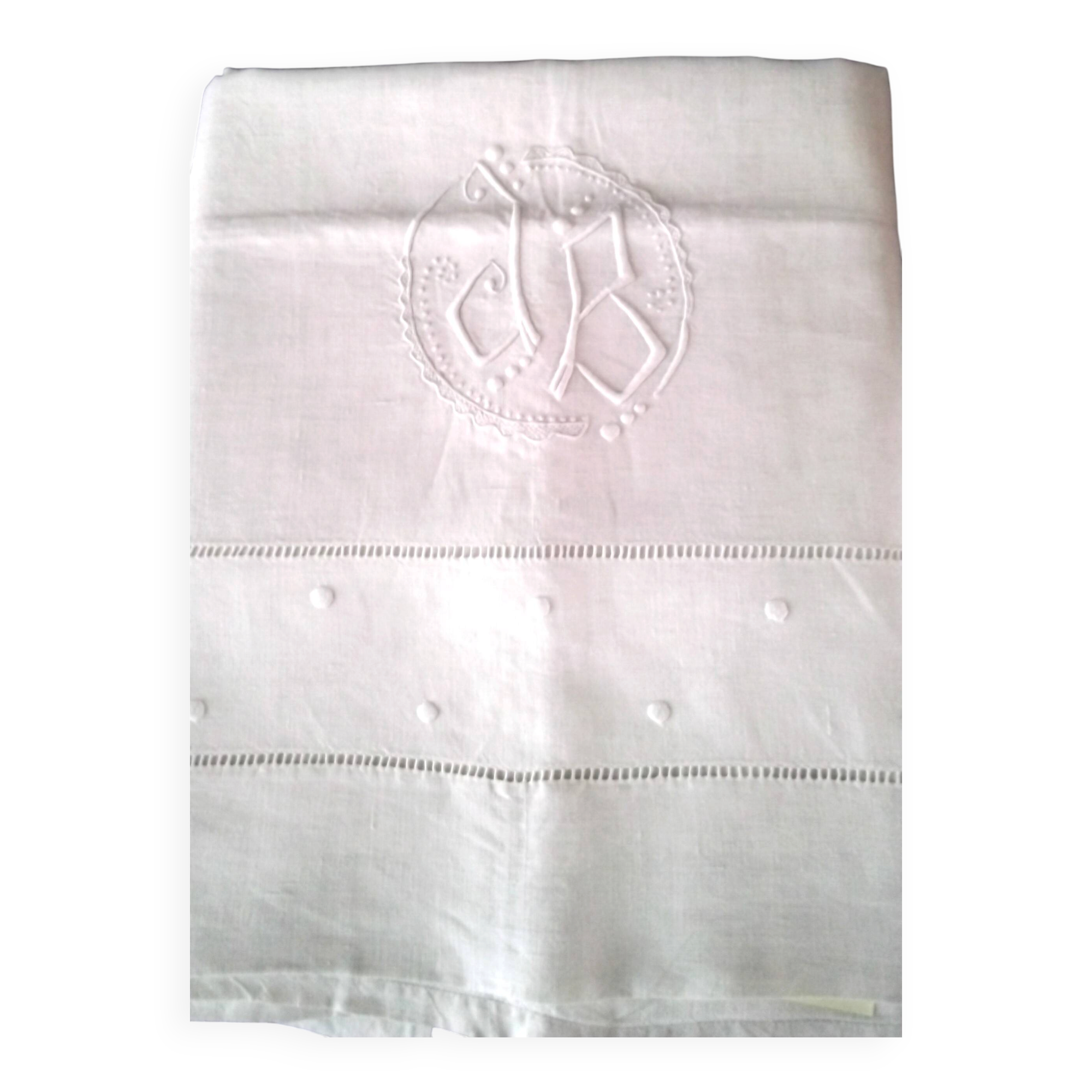 Vintage linen curtain monogrammed JB, embroidered with polka dots and ladder stitches on the return.