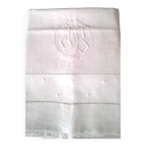 Vintage linen curtain monogrammed JB, embroidered with polka dots and ladder stitches on the return.