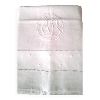 Vintage linen curtain monogrammed JB, embroidered with polka dots and ladder stitches on the return.