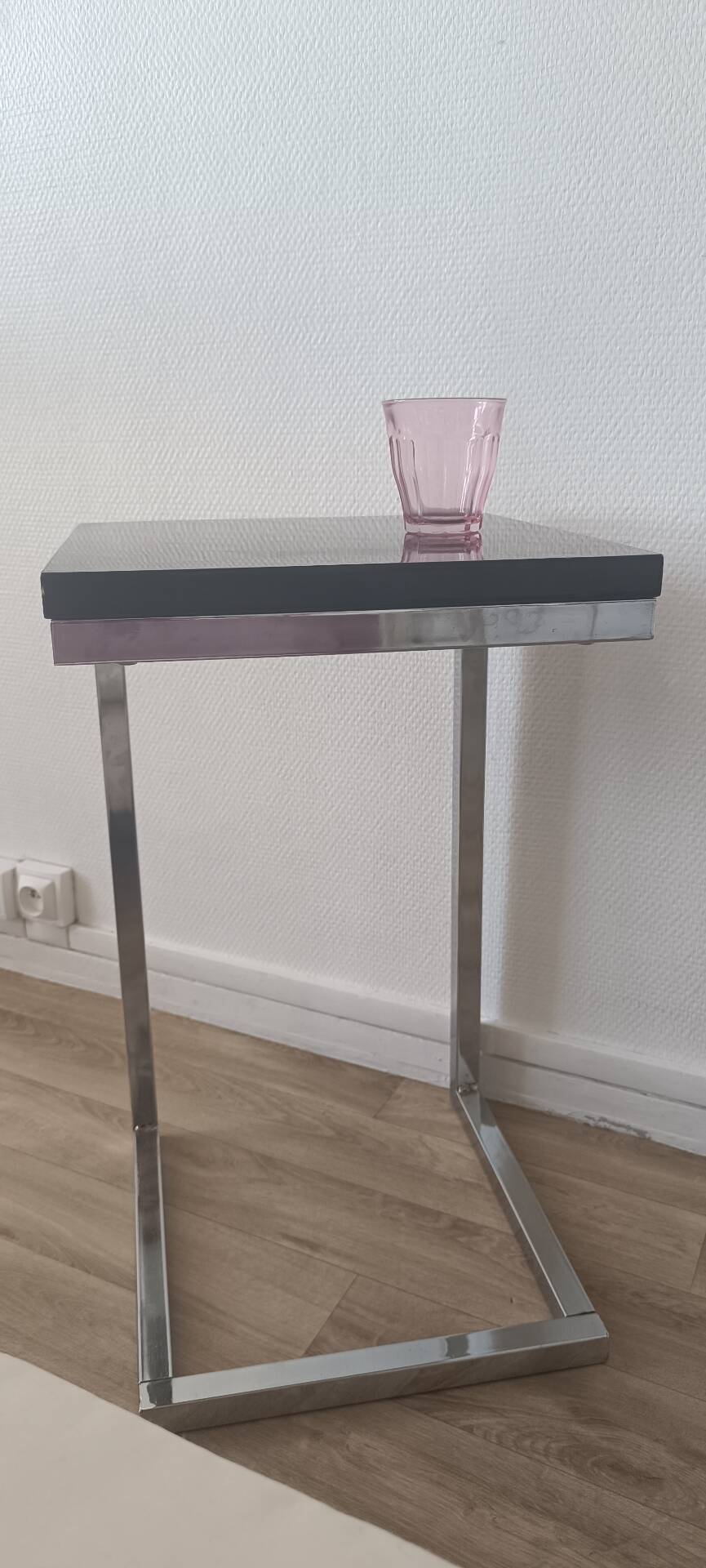 Contemporary C design side table — Heavy chrome steel and top