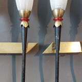 Large pair of 2-light torchiere wall lights 1950/60 in black metal and gilded brass.