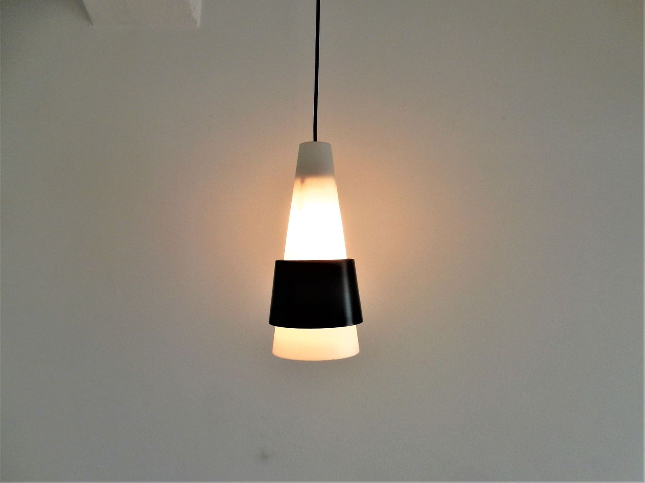 White Opalin Glass Suspension with Black Metal Ring, 1960s