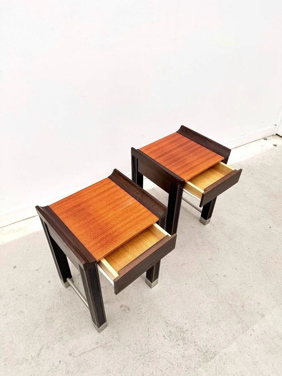 Pair of bedside tables in mahogany and stained oak, France 1980.