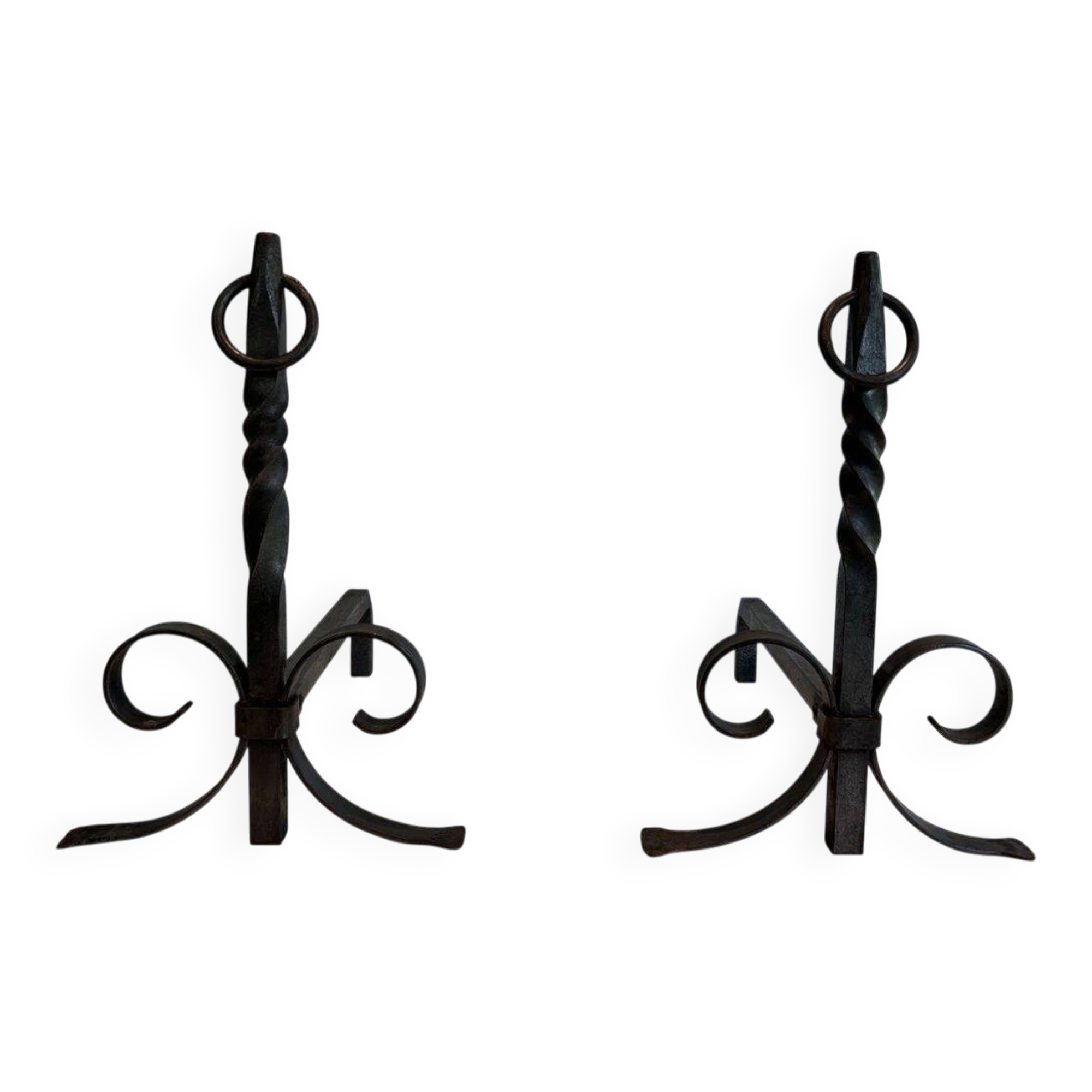 Pair of Neoclassical Fire Dogs in Wrought Iron with Twisted Columns, Finials