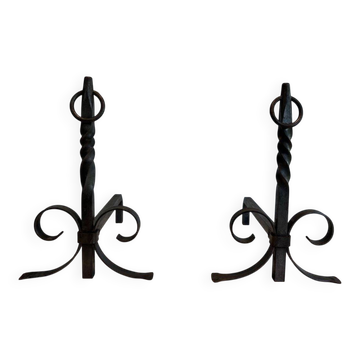 Pair of Neoclassical Fire Dogs in Wrought Iron with Twisted Columns, Finials