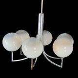 Six arms chandelier in murano glass spheres and chrome. Italy 1960s