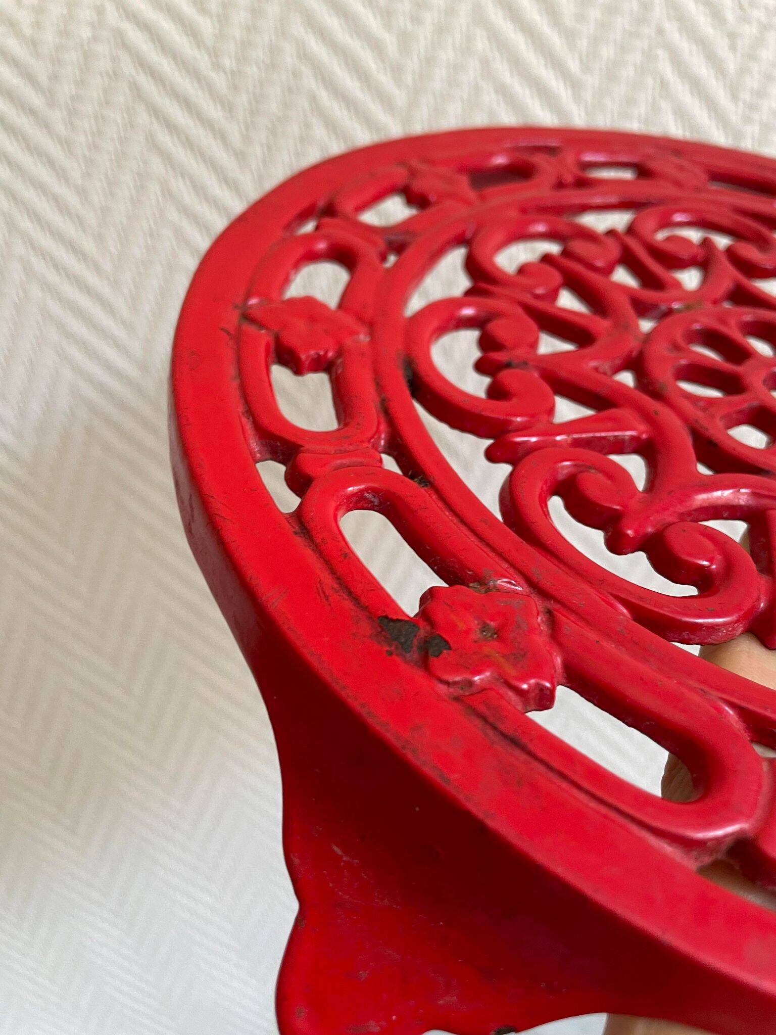 Vintage red Decotec enameled cast iron trivet