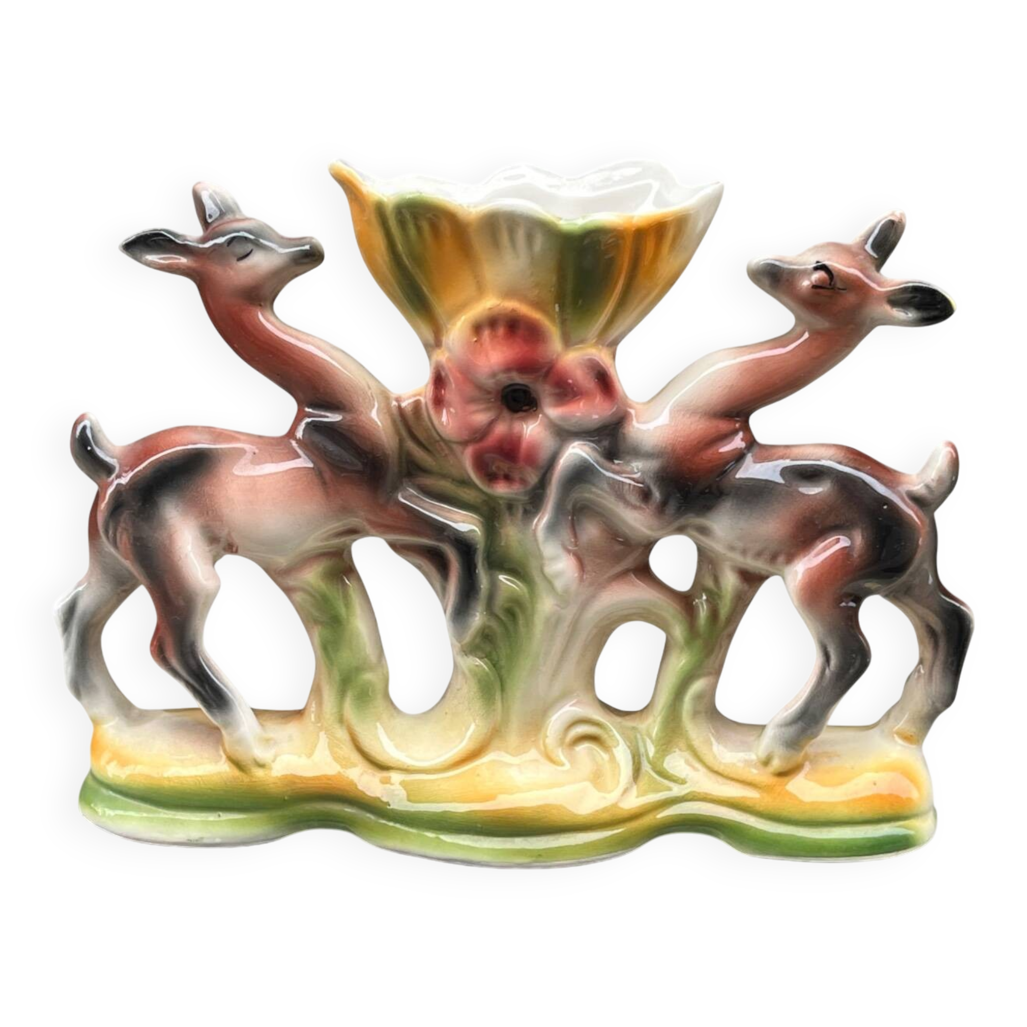 Vintage Italian polychrome ceramic vase with animal motif, deer, and flower (ICAP)
