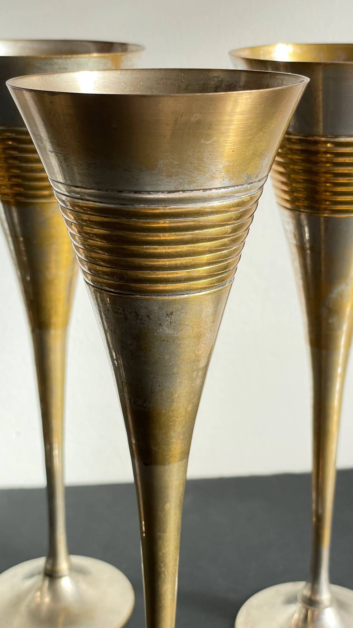 6 Vintage Silver-Plated Brass Champagne Flutes