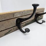 Solid teak coat hook with 2 double cast iron hooks